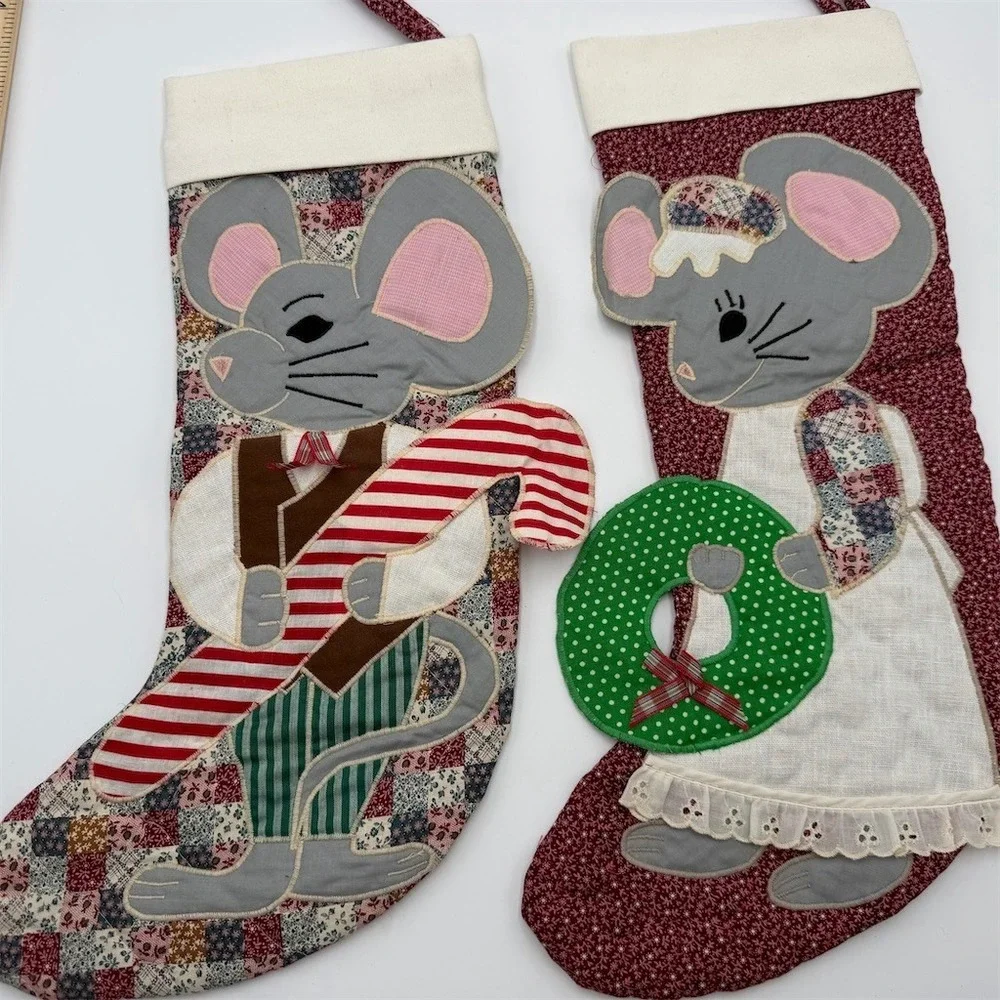 MON AMI Set of 2 Quilted Christmas Stockings Mouse Applique Burgundy Large‎
